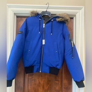 The Kooples Men’s Mixed Down Poly Hooded Bomber Puffer Parka faux fur trim Sz XS